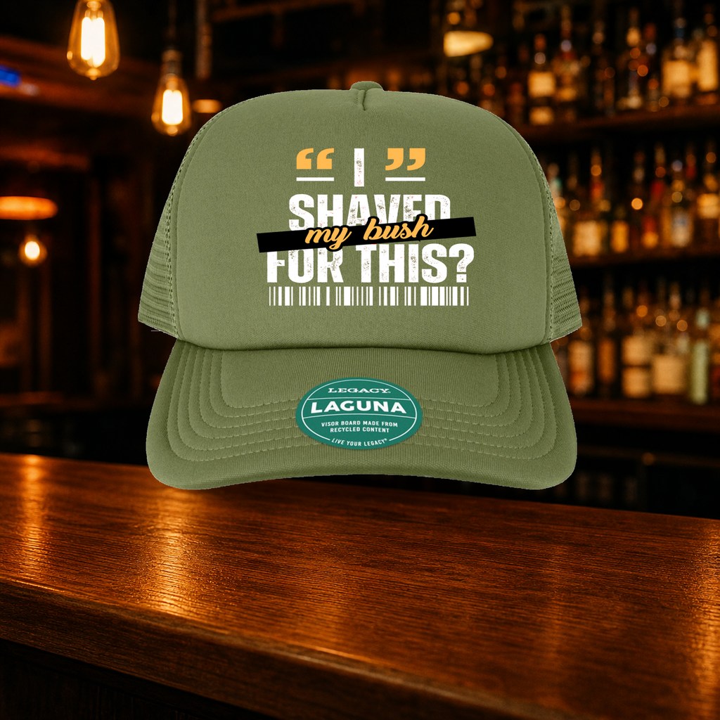 Bush Trucker Hat shown against a warm after-dark bar backdrop