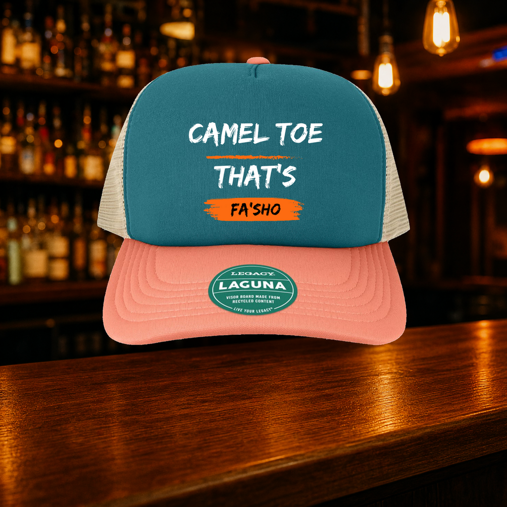 Camel Toe That's Fa'sho Trucker Hat — Marine variety shown against a warm after-dark bar backdrop