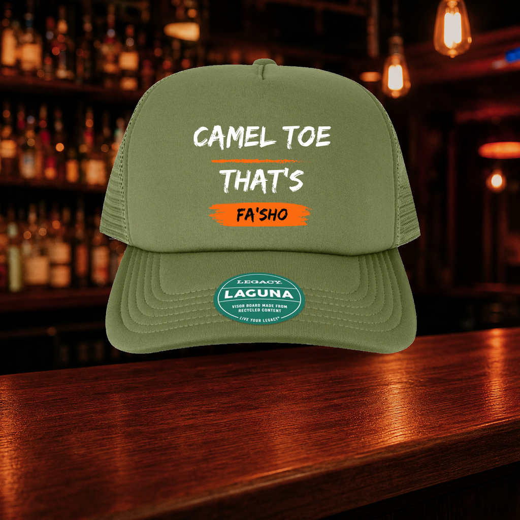 Camel Toe That's Fa'sho Trucker Hat — Olive variety shown against a warm after-dark bar backdrop