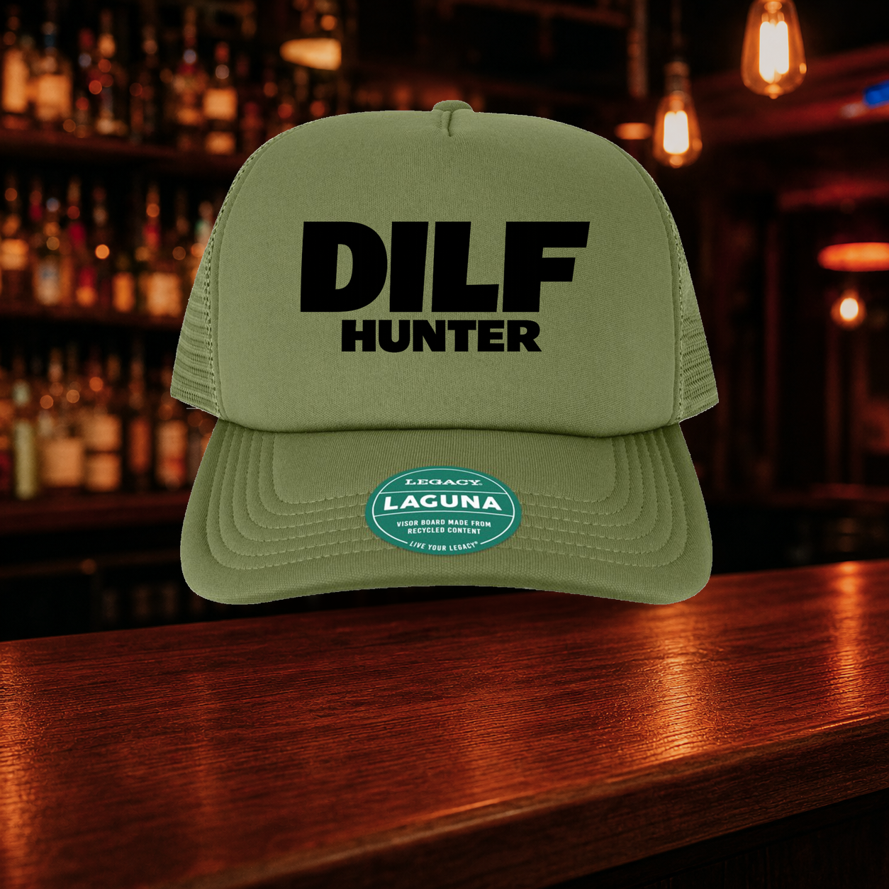 Dilf Hunter Trucker Hat shown against a warm after-dark bar backdrop
