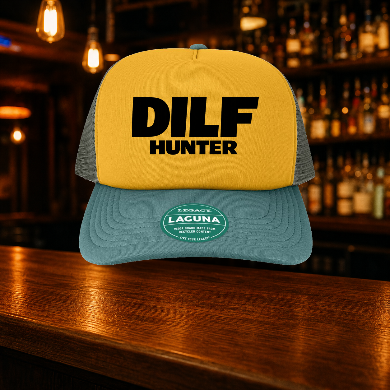 Dilf Hunter Trucker Hat — Bronze variety shown against a warm after-dark bar backdrop