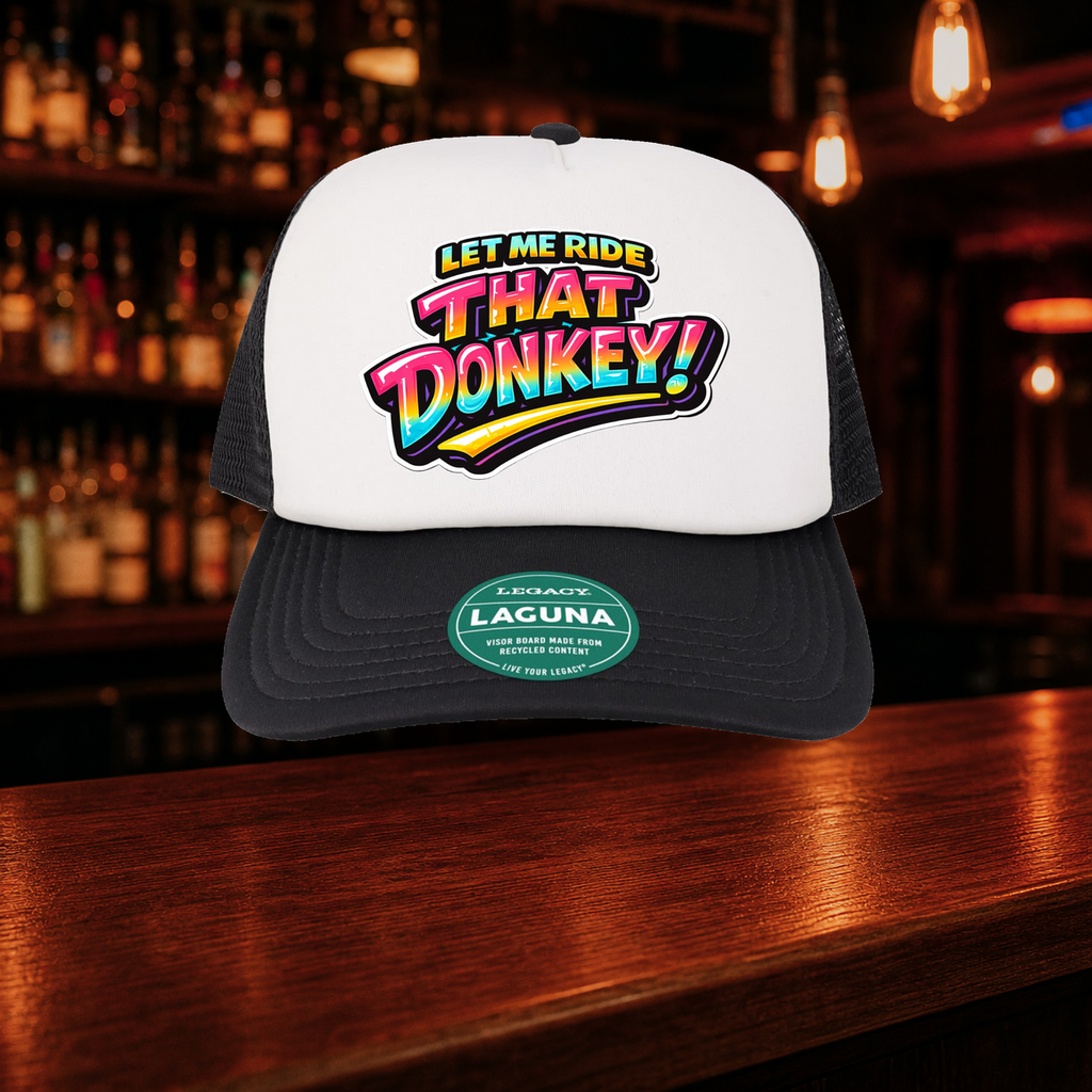 Donkey Trucker Hat shown against a warm after-dark bar backdrop