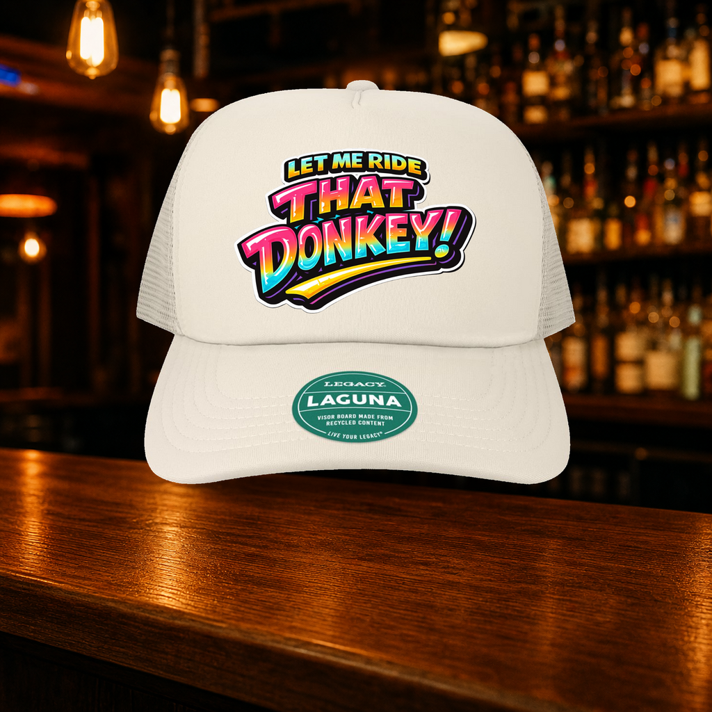 Donkey Trucker Hat — Beige variety shown against a warm after-dark bar backdrop