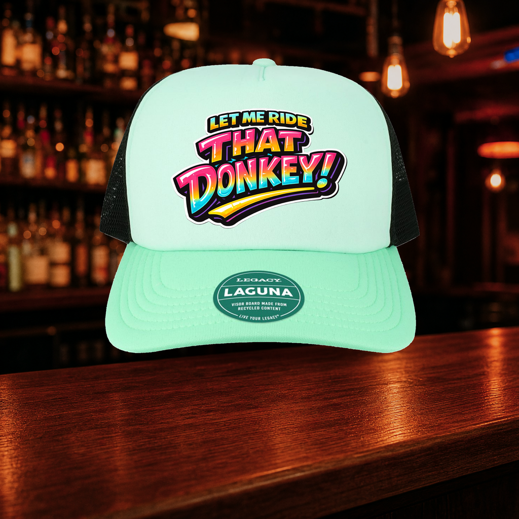 Donkey Trucker Hat — Teal variety shown against a warm after-dark bar backdrop