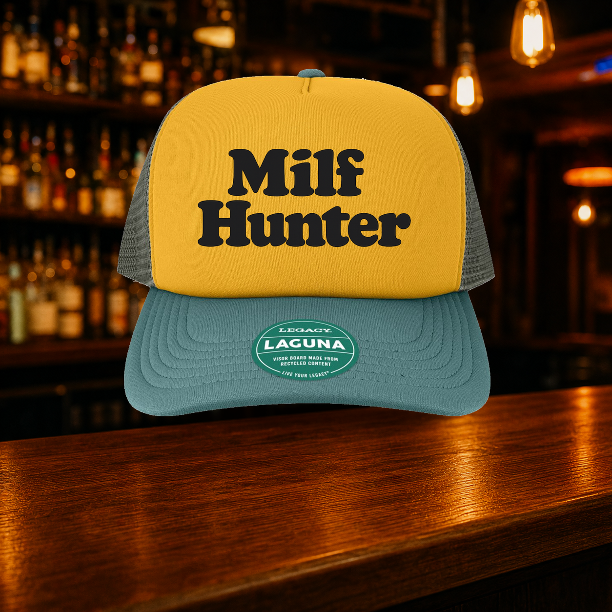 Milf Hunter Trucker Hat shown against a warm after-dark bar backdrop