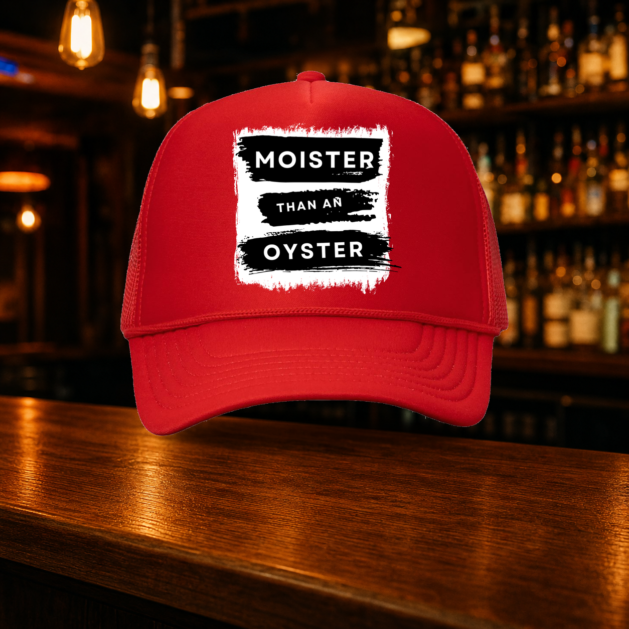 Moister than an Oyster Trucker Hat shown against a warm after-dark bar backdrop