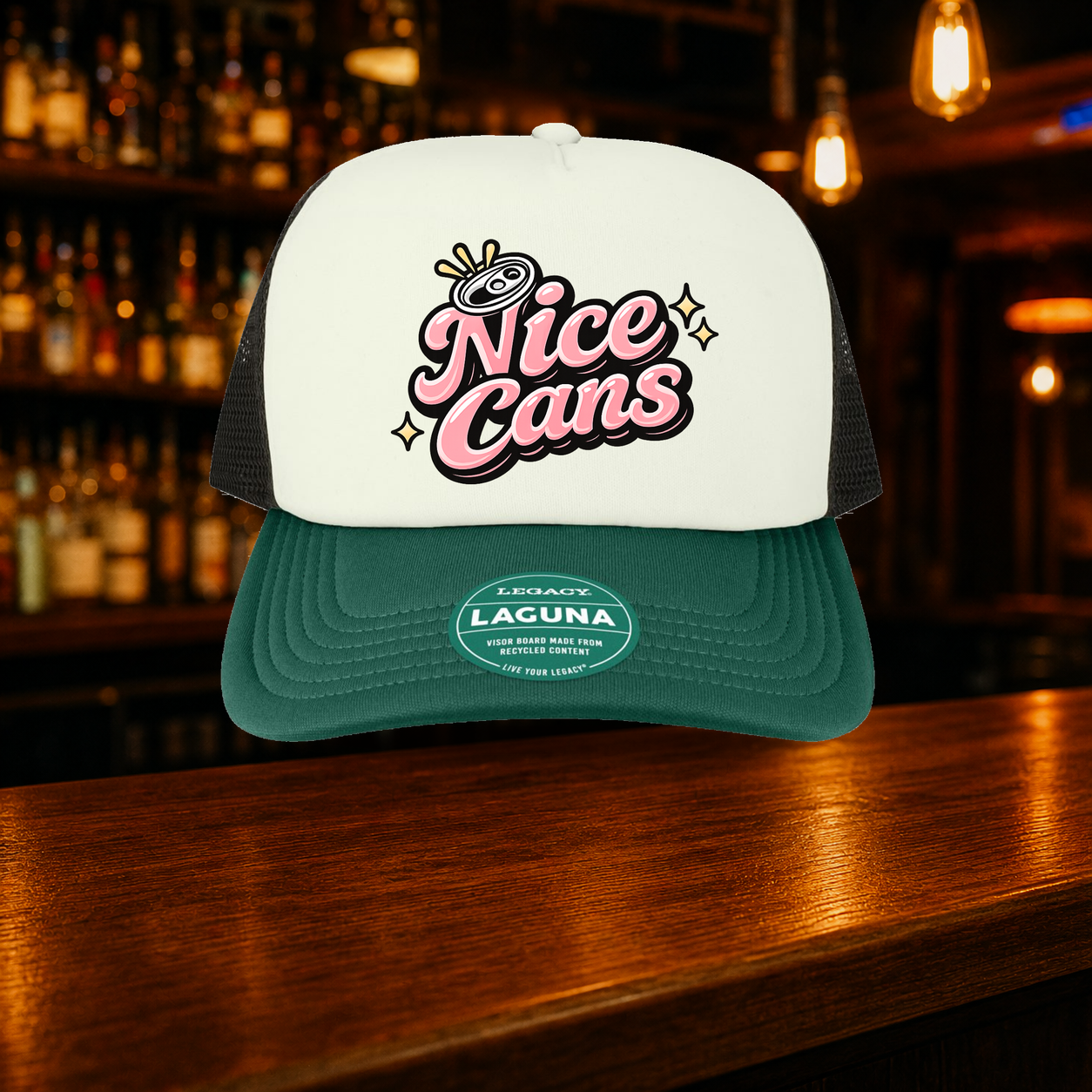 Nice Cans Trucker Hat — Green variety shown against a warm after-dark bar backdrop