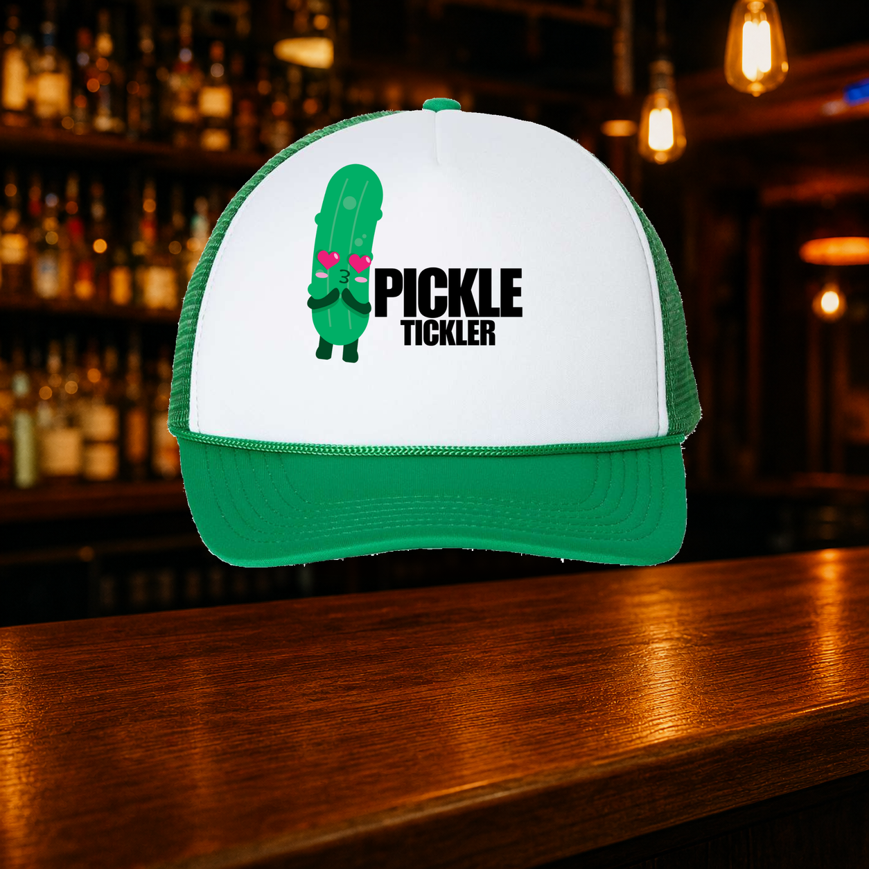 Pickle Tickler Double Snap Trucker Hat shown against a warm after-dark bar backdrop