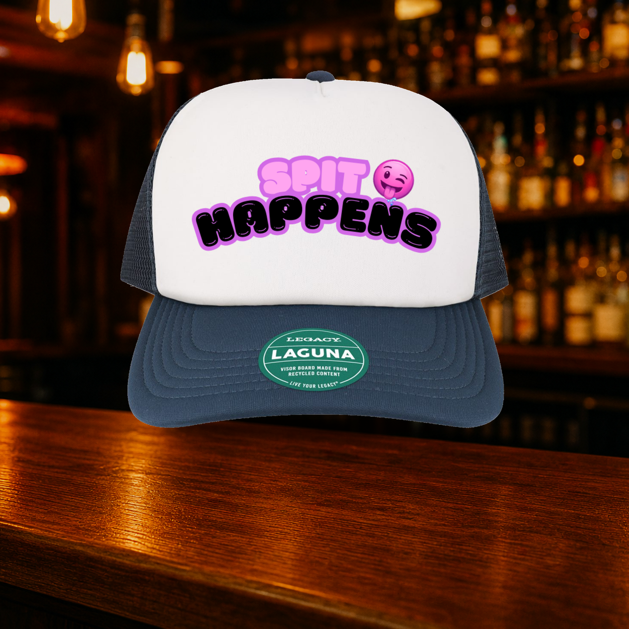 Spit Happens Trucker Hat — Navy variety shown against a warm after-dark bar backdrop