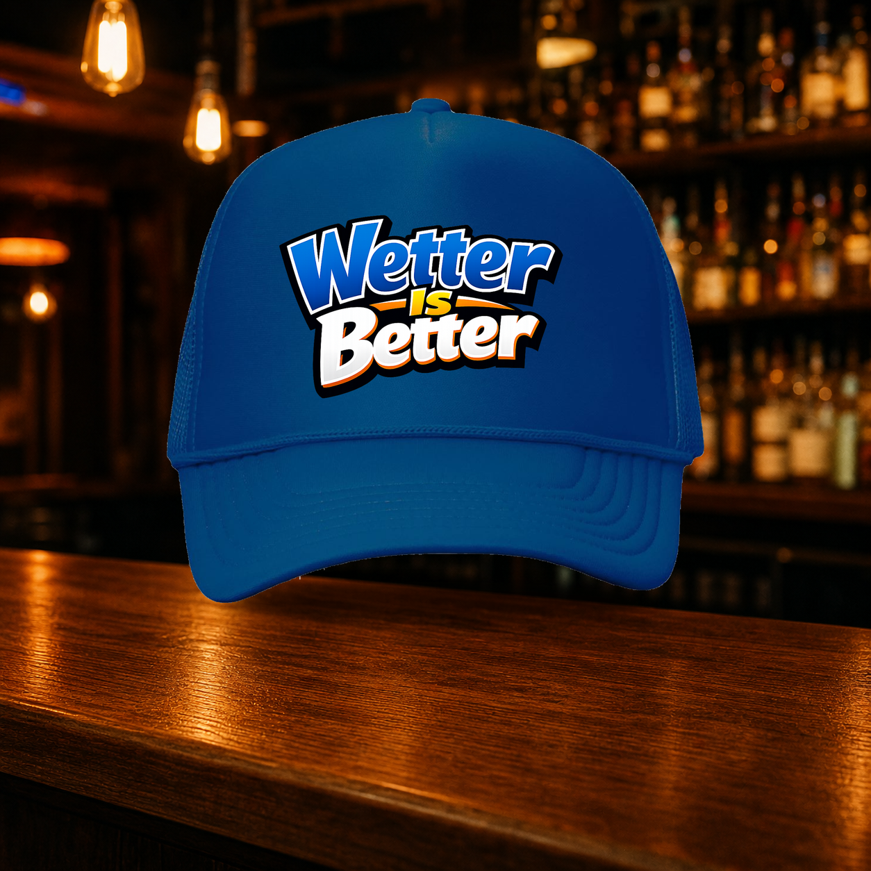 Wetter is Better Double Snap Trucker Hat shown against a warm after-dark bar backdrop