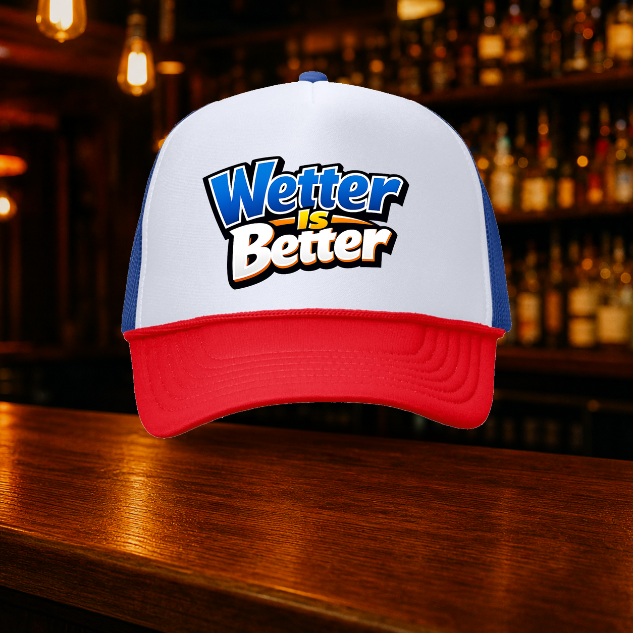 Wetter is Better Double Snap Trucker Hat — America variety shown against a warm after-dark bar backdrop